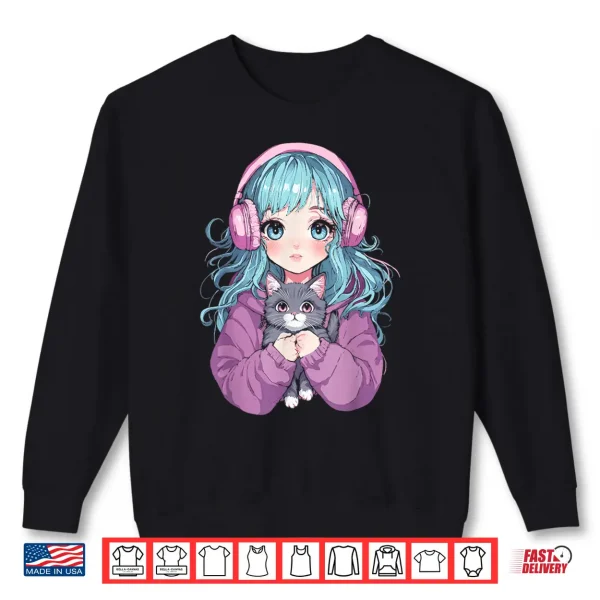 Sweatshirt Anime Girl Cat Japanese Kawaii Teens Girls Shirt