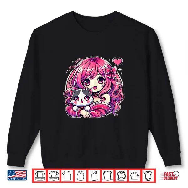 Sweatshirt Anime Girl and Cat Kawaii Manga Girl Shirt