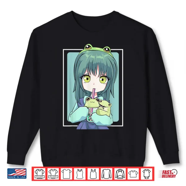 Sweatshirt Anime Girl for Frog Lovers and Kawaii Boba Tea Frog Teens Shirt