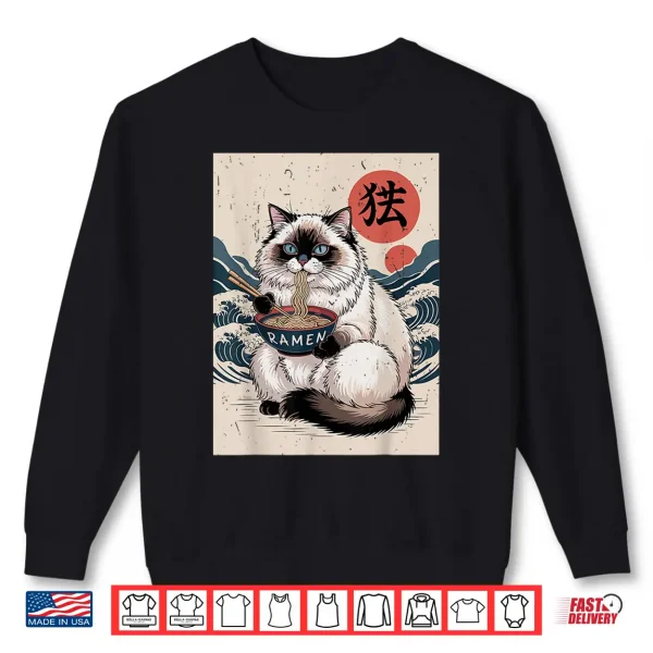 Sweatshirt Anime Ragdoll Fat Cat Eating Ramen Noodle Toddler Mom Kawaii Shirt