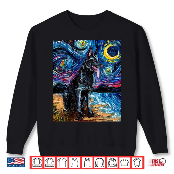 Sweatshirt Black German Shepherd Starry Night Dog and Moon art by Aja Shirt