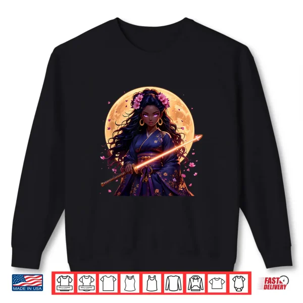 Sweatshirt Black Woman Japanese Anime Samurai Girl Black Cat Shirt