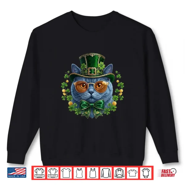 Sweatshirt British Shorthair Cat Leprechaun Hat Glasses St Patricks Day Shirt