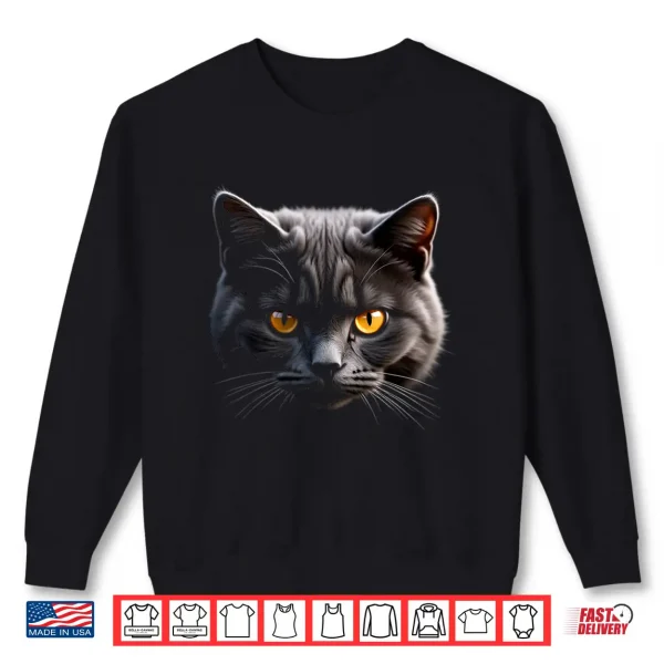 Sweatshirt British Shorthair Cat Realistic Face Art Black Shirt