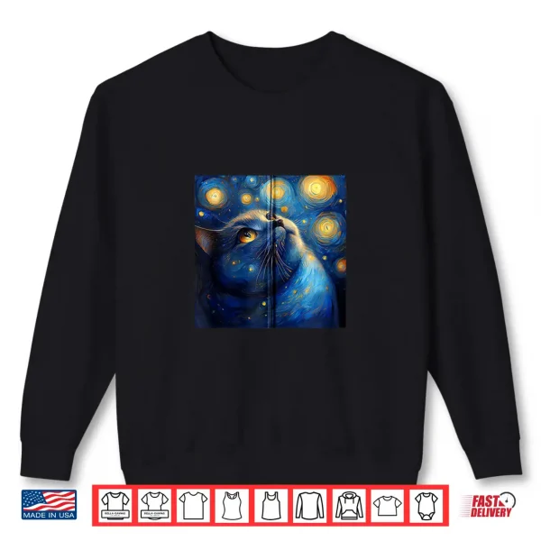 Sweatshirt British Shorthair Chonky Cat Starry Night Van Gogh Painting Shirt