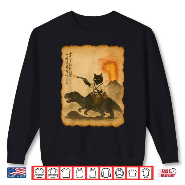 Sweatshirt Calligraphy Cat Dinosaur Volcanic Eruption Unisex anime cat Shirt