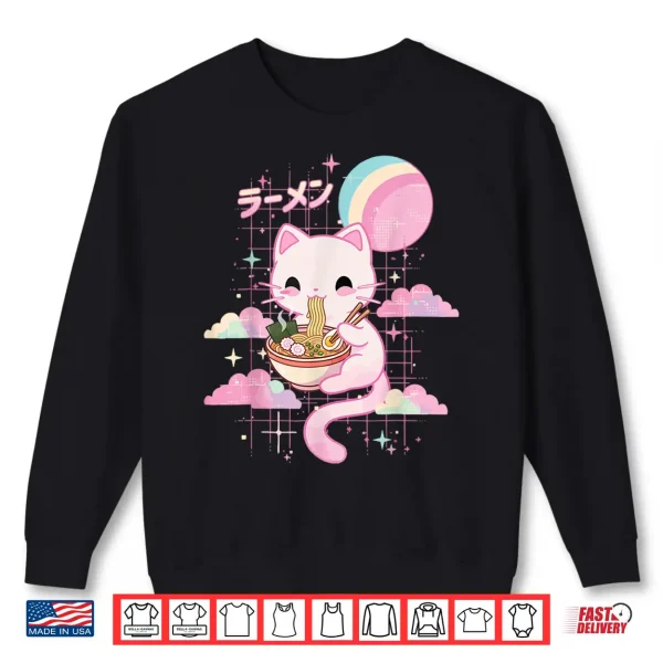 Sweatshirt Cat Eating Ramen Kawaii Pink Anime Shirt 2