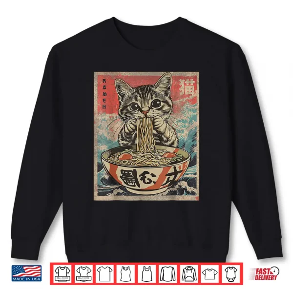 Sweatshirt Cat Eating Ramen Noodles Kawaii Anime Manga Japanese Food Shirt