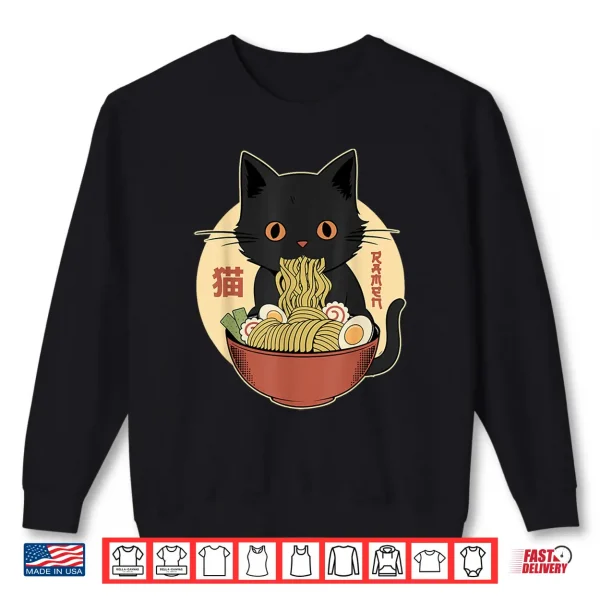 Sweatshirt Cat Ramen Funny Graphic Tees Japanese Kawaii Cat Anime Shirt