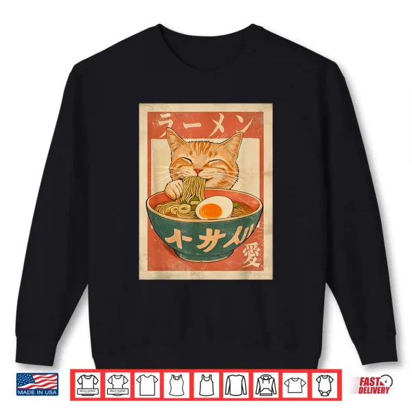 Sweatshirt Cat Ramen Funny Japanese Vintage Graphic Tee Kawaii Anime Shirt