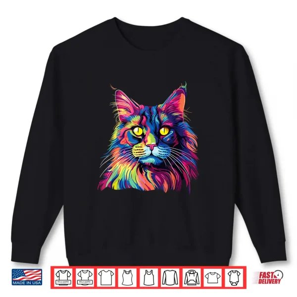 Sweatshirt Cat Watercolors Colorful Maine Coon Cats Shirt