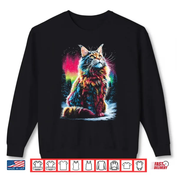 Sweatshirt Colorful Maine Coon cat Aurora Borealis Winter Season Forest Shirt