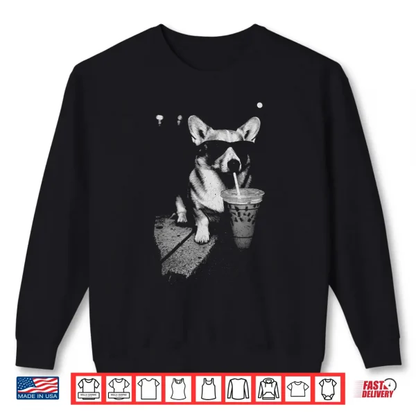 Sweatshirt Corgi Drinking Iced Coffee Funny Corgi Dog Coffee Vintage Shirt