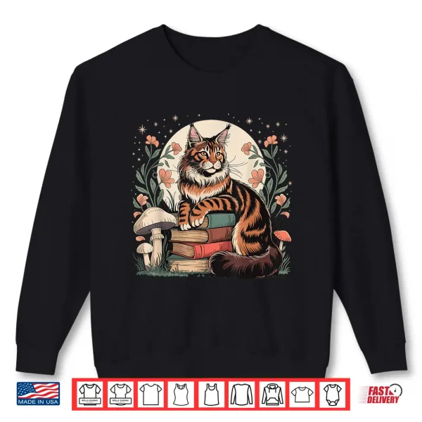 Sweatshirt Cottagecore Maine Coon Cat Books Reader Whimsical Art Shirt
