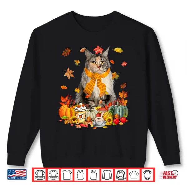 Sweatshirt Cup Of Coffe Maine Coon Cat Pumpkins Fall Vibes Thanksgiving Shirt