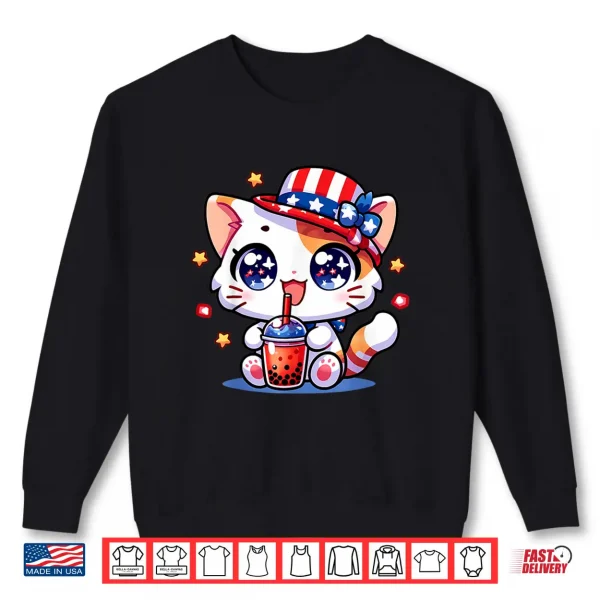 Sweatshirt Cute 4th of July Cat Shirt Girls Kids Kawaii Anime Boba Tea Shirt
