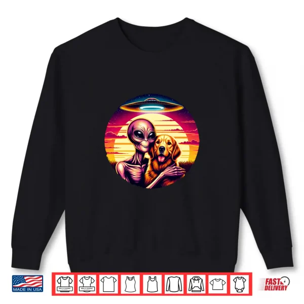 Sweatshirt Cute Alien Golden Retriever Friendship Funny Vintage UFO Shirt