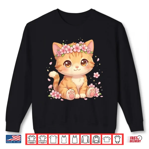 Sweatshirt Cute Anime Cat with Cherry Blossoms Flower Kids Girls Boys Shirt