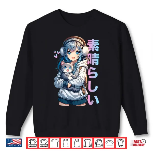 Sweatshirt Cute Anime Girl with a Cat for Cat Lover Kawaii Otaku Manga Shirt
