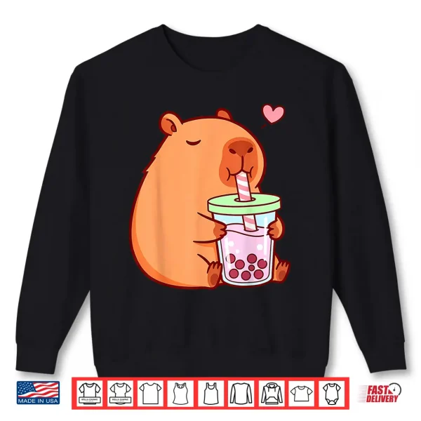 Sweatshirt Cute Capybara Kawaii Anime Girls Drinking Boba Tea Lover Shirt