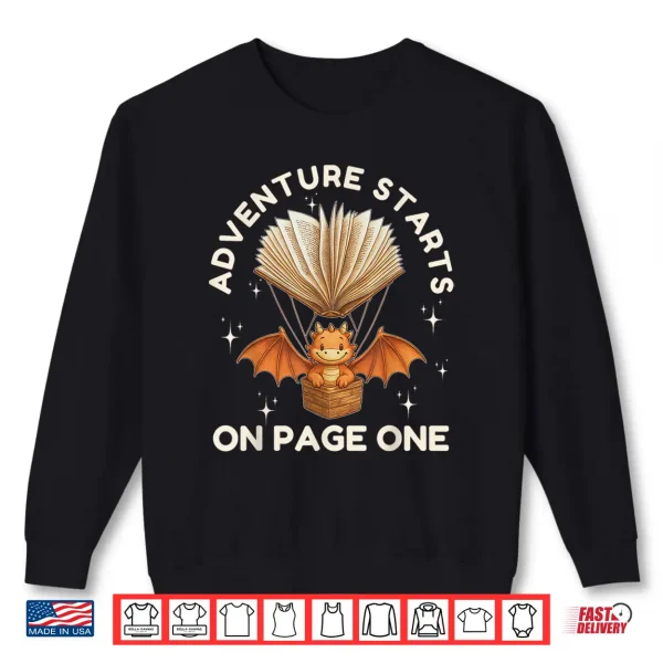 Sweatshirt Cute Dragon Book Hot Air Balloon Adventure Fantasy Reading Shirt