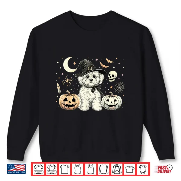Sweatshirt Cute Halloween Maltipoo Witch Pumpkins Bats Spooky Holiday Shirt
