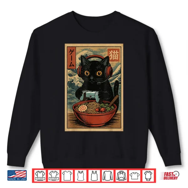 Sweatshirt Cute Kawaii Gamer Cat Funny Ramen Retro Japanese Cat Gaming Shirt