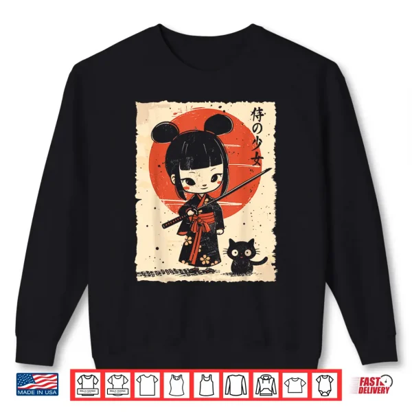 Cute Kawaii Samurai Girl With Katana & Cat Japanese Anime Shirt 2 Sweatshirt Cute Kawaii Samurai Girl with Katana Cat Japanese Anime Shirt