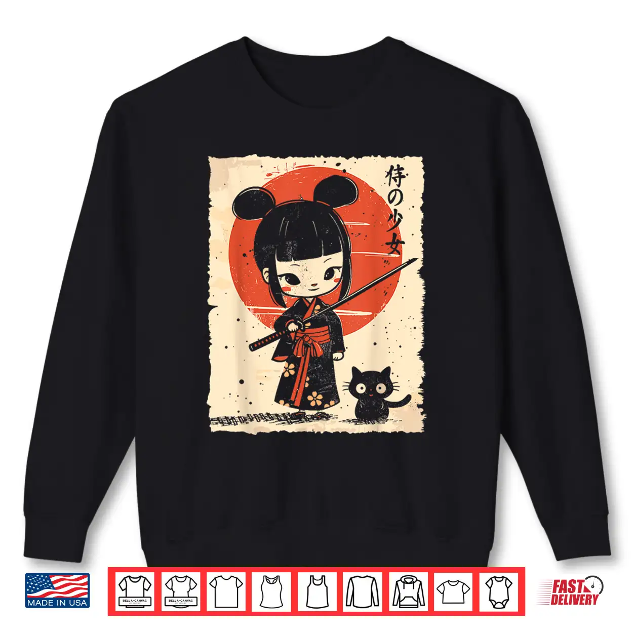 Cute Kawaii Samurai Girl With Katana & Cat Japanese Anime Shirt Cute Kawaii Samurai Girl With Katana & Cat Japanese Anime Shirt