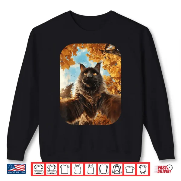 Sweatshirt Cute Maine Coon Cat Selfie Fall Leaves Forest Autumn Animal Shirt