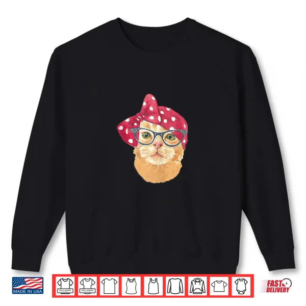 Sweatshirt Cute Persian Orange cat with Eyes Glasses Bow on right ear Shirt