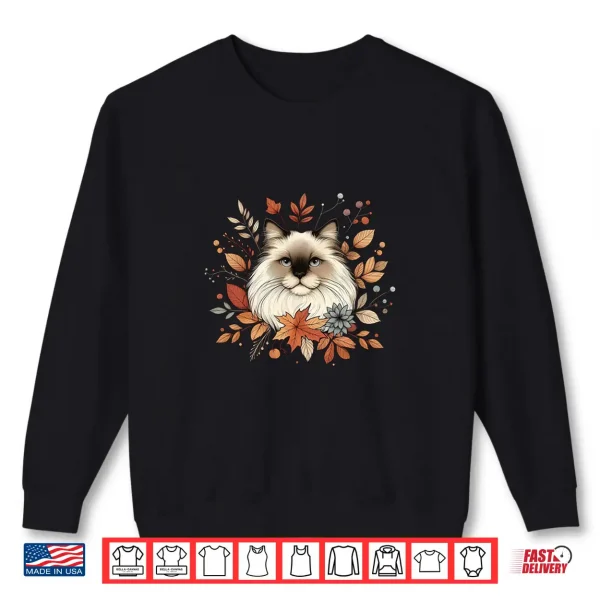Sweatshirt Cute Ragdoll Cat Autumn Fall Red Leaves Holiday Thanksgiving Shirt