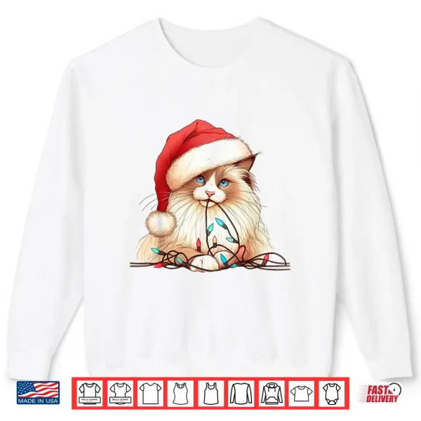 Sweatshirt Cute Ragdoll Cat Chew Christmas Light Cord Xmas Holiday Fun Shirt