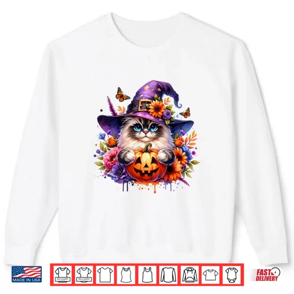 Sweatshirt Cute Ragdoll Cat Halloween Witch hat Scary Pumpkin Flowers Shirt