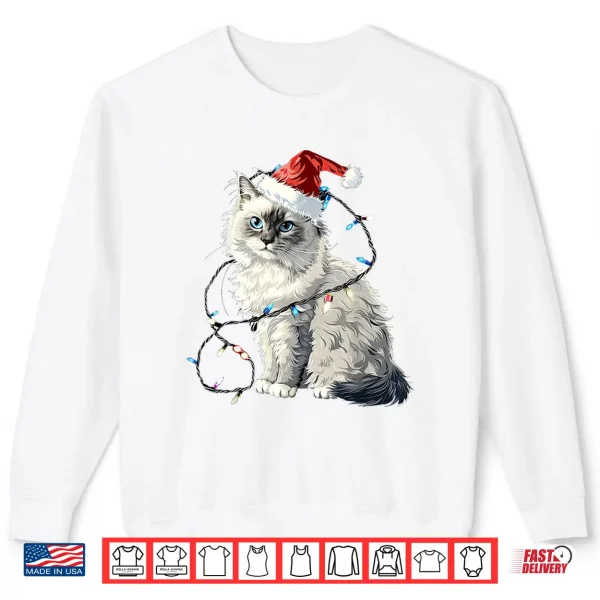 Sweatshirt Cute Ragdoll Cat Santa Hat Christmas Lights Feline Shirt