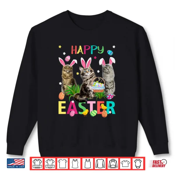 Sweatshirt Cute Three Maine Coon Cats Wear Bunny Ears Happy Easter Day Shirt