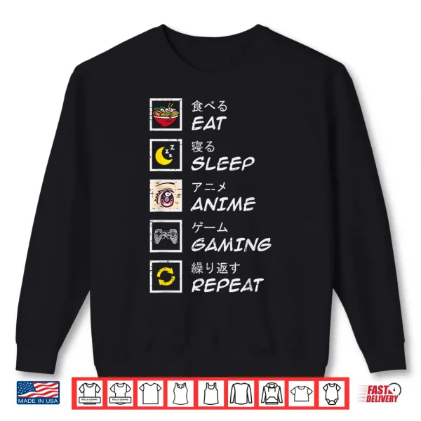 Sweatshirt Eat Sleep Anime Gaming Repeat Gamer Teen Boys Girls Kids Shirt
