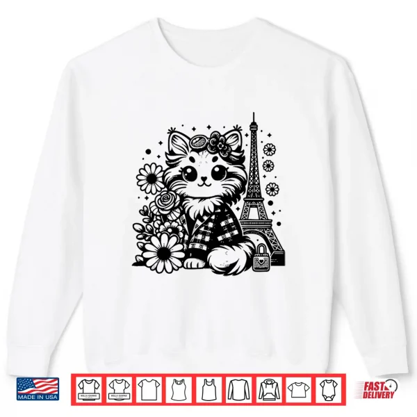 Sweatshirt French Paris Eiffel Tower Kawaii Mainecoon Cat Flowers Shirt