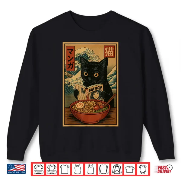 Sweatshirt Funny Anime Cat Reading Manga Ramen Bowl Retro Japanese Cat Shirt