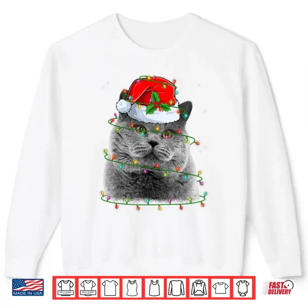 Sweatshirt Funny British Shorthair Cat Santa Hat Christmas Tree Lights Shirt