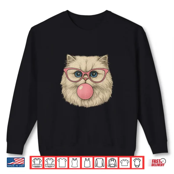Sweatshirt Funny Cat with Pink Glasses Bubble Gum Retro Vintage Cats Shirt