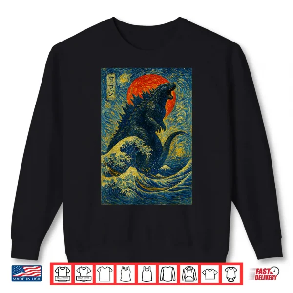 Sweatshirt Funny Kaiju Starry Night Japanese Art Anime Van Gogh Graphic Shirt