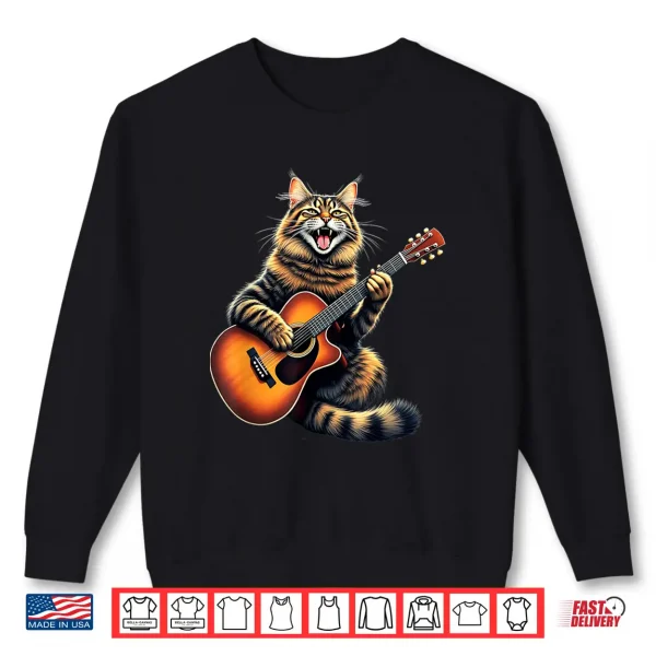 Sweatshirt Funny Maine Coon Cat Playing Guitar Design for Music Lovers Shirt