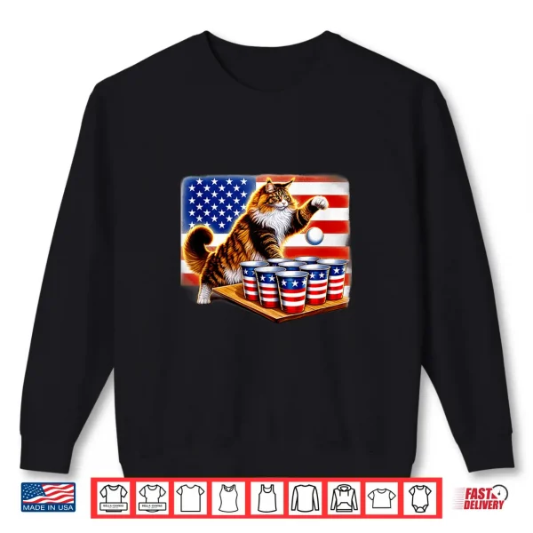 Sweatshirt Funny USA Flag 4th of July Maine Coon Cat Beer Pong Champion Shirt