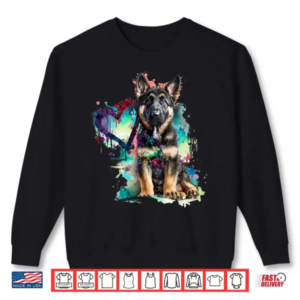 Sweatshirt German Shepherd Puppy Mom Lover Watercolor Painting Heart Shirt
