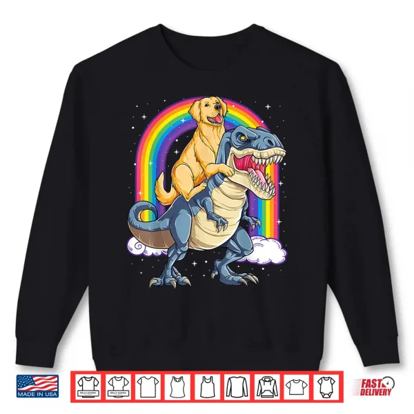 Sweatshirt Golden Retriever Riding Dinosaur T rex Gifts Boys Rainbow Shirt