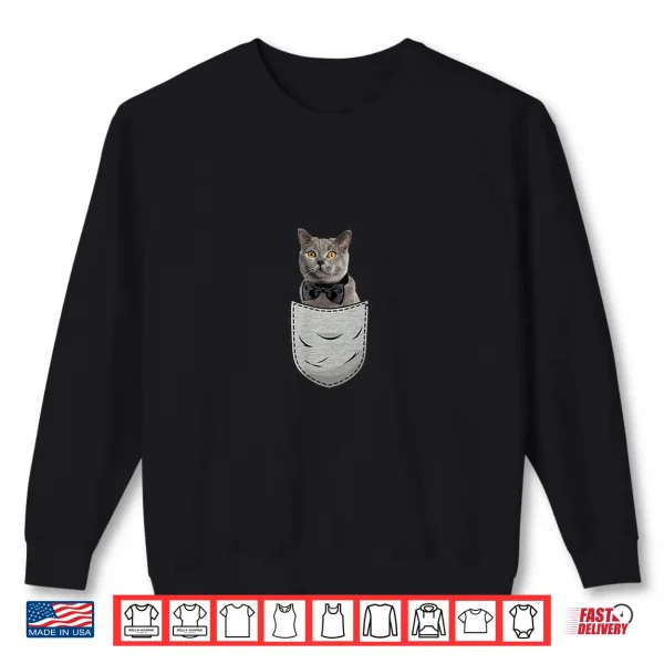 Sweatshirt Gray British Shorthair Cat Sitting in Breast Pocket Shirt