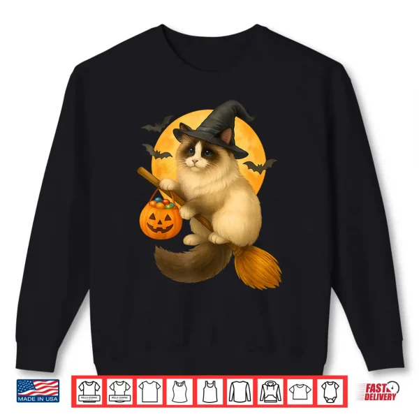 Sweatshirt Halloween Ragdoll Cat Witch Flying on Broom with Candy Shirt