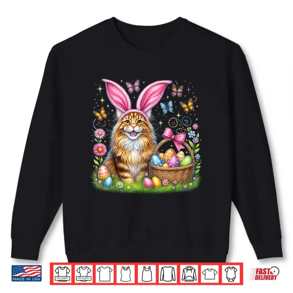 Sweatshirt Happy Easter Cute Bunny Maine Coon Cat Easter Eggs Basket Shirt