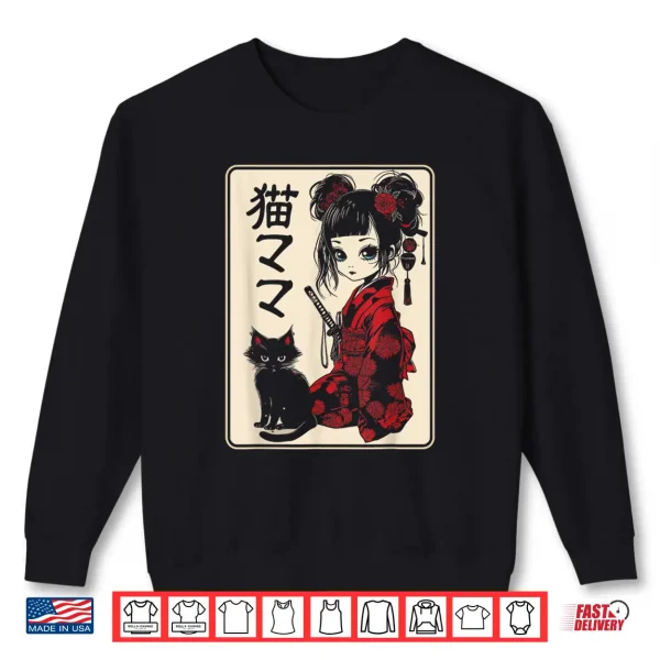 Sweatshirt Japanese Gothic Kawaii Anime Samurai Cat Mom Woman Girls Shirt